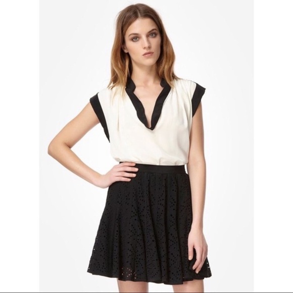 Rebecca Taylor Two Tone Scoop Neck Short Sleeve Silk Blouse - Size 4 - Picture 2 of 11